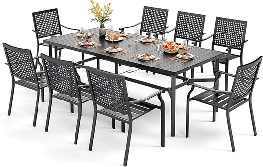 PHI VILLA 9 Pieces Outdoor Dining Set for 8, Large Rectangular Metal Dining Table with Umbrella Hole & Stackable Wrought Iron Chairs, Dining Furniture for Patio, Deck, Yard, Porch