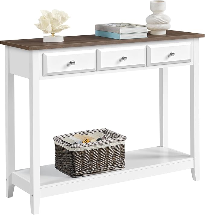 Yaheetech Farmhouse Console Table with 3 Drawers, Modern Wood Entryway Table, Narrow Long Sofa Table with Storage Shelf for Hallway, Living Room, Front Hall, Foyer, Rustic Vintage, White & Brown