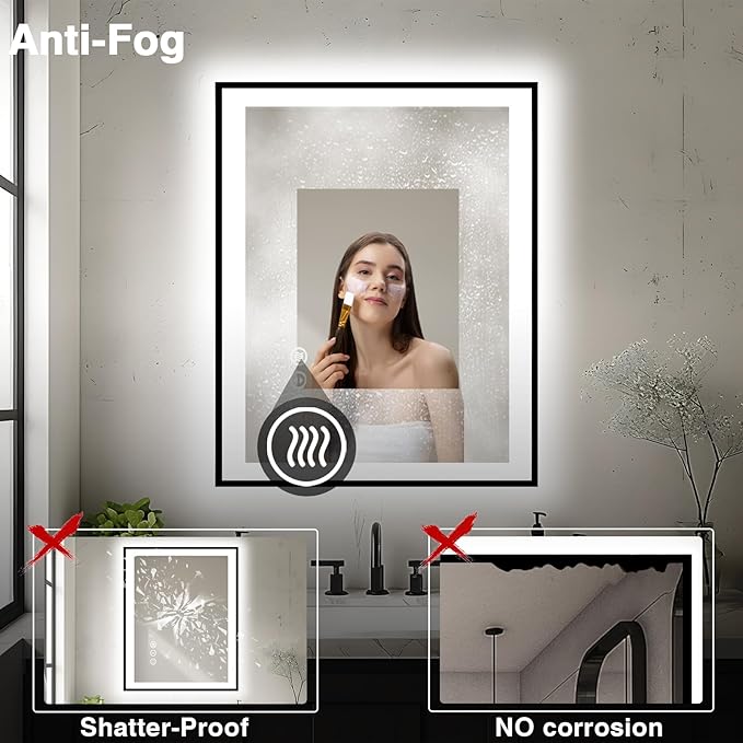 28x32 LED Bathroom Mirror - Black Aluminum Framed, Front and Backlit Mirror,Anti-Fog Framed Bathroom Vanity Mirror,Stepless Dimmable Lighted Mirror,3 Colors Smart Mirror(Horizontal/Vertical)