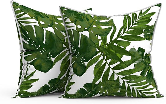 Outdoor Throw Pillow Covers Pack of 2, Decorative Water Repellent Square Pillow Cases with Piping 18x18 Inch, Patio Pillowcases for Home Patio Furniture Use, Palm Green