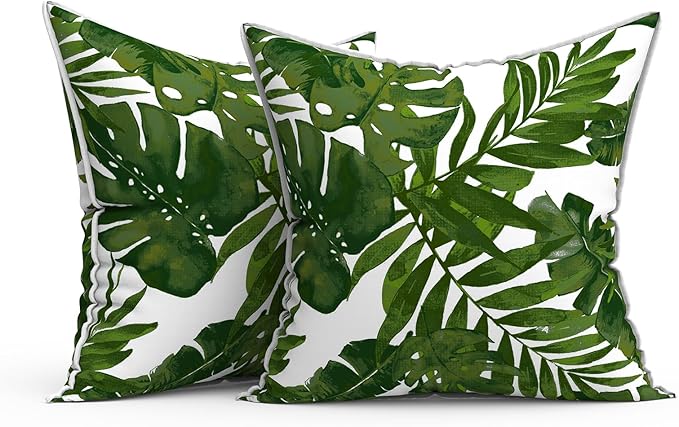 Outdoor Throw Pillows Inners, Fade Resistant Patio Furniture Square Pillows with Piping Set of 2, 18x18 Inch, Palm Green