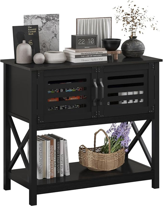 ChooChoo Black Console Table with Charging Station, 35.4 L x 17.7 D x 31.49 H Coffee Bar Cabinet with Storage, Sideboard Buffet Cabinet with Doors for Kitchen, Living Room