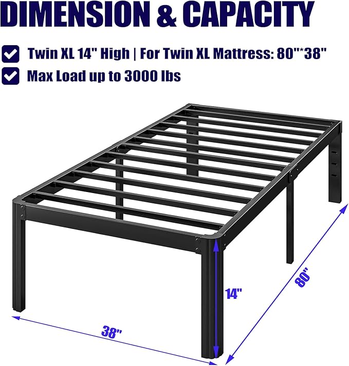 14in Twin XL Heavy Duty Bed Frame No Box Spring Needed, Tall Metal Twin XL Platform Bed Frame with Round Corners, Easy Assembly, Noise Free, Black