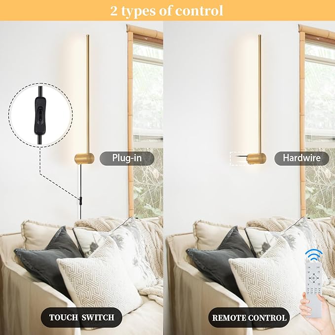 dimmable Modern Plug in Wall Sconce Set of 2, 23.6" Gold Brushed Wall Lights, Indoor Wall lamp Background Lighting with Memory Function, Applicable to Living Room and Bedroom 3000K 4000K 6000K