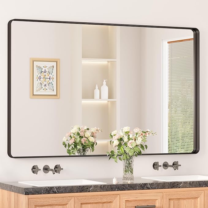 Keonjinn Black Bathroom Mirrors for Over Sink, 48” x 30” Large Rounded Rectangle Bathroom Vanity Mirror, Matte Black Modern Decorative Wall Mirror, Anti-Rust, HD Tempered Glass(Horizontal/Vertical)