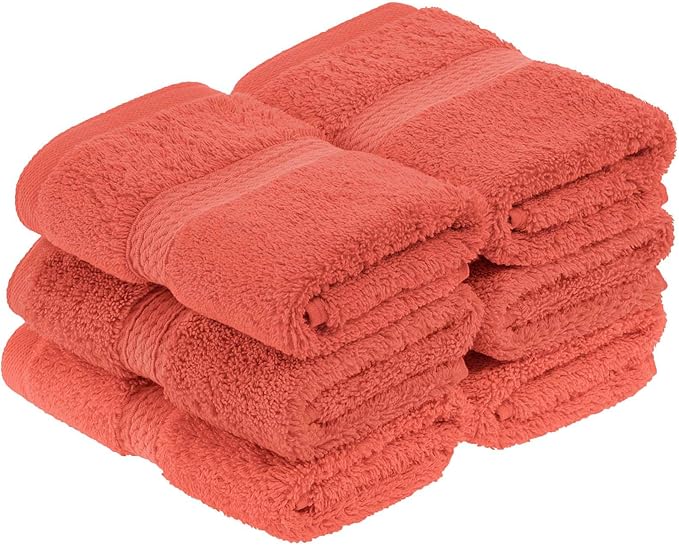 Superior Egyptian Cotton Pile Face Towel/Washcloth Set of 6, Ultra Soft Luxury Towels, Thick Plush Essentials, Absorbent Heavyweight, Guest Bath, Hotel, Spa, Home Bathroom, Shower Basics, Coral