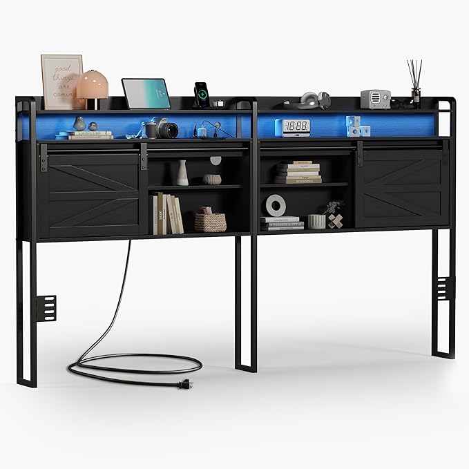 wanan King Size Headboard with Storage, 3 Tier, Outlets, USB Ports, LED Light, Sliding Barn Doors, Width Adjustable, Rustic Black