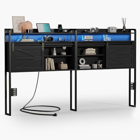 wanan King Size Headboard with Storage, 3 Tier, Outlets, USB Ports, LED Light, Sliding Barn Doors, Width Adjustable, Rustic Black