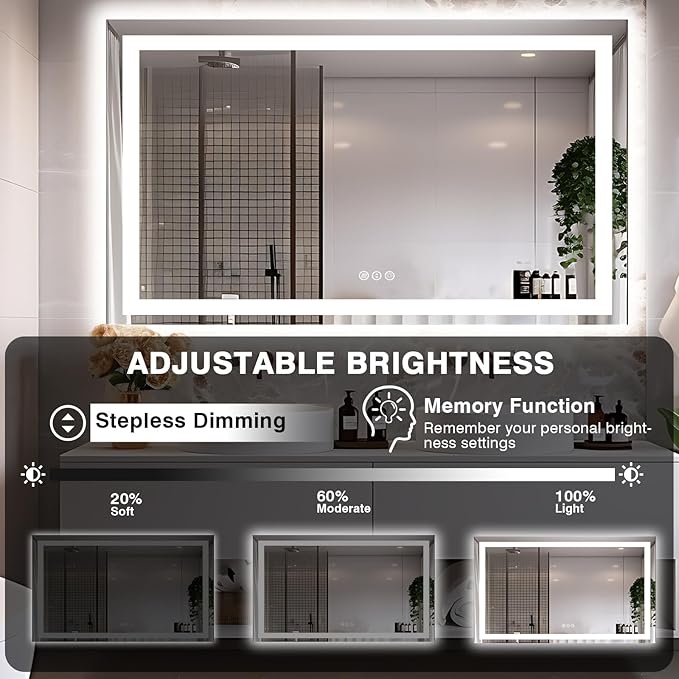 60"x40" LED Mirror for Bathroom, Front and Backlit, Anti-Fog Vanity Mirror with Lights, Stepless Dimmable Lit, 3 Colors Smart Mirror (Horizontal/Vertical)