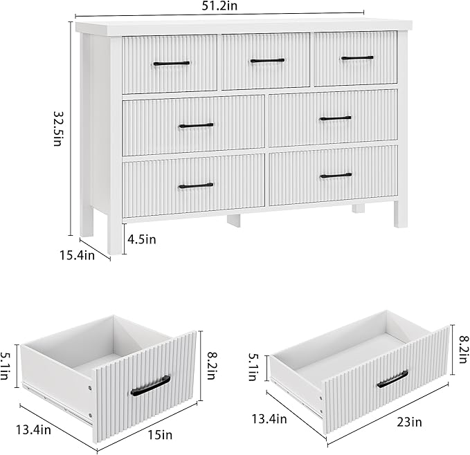 Fluted 7 Drawers Dresser for Bedroom, Modern Chest of Drawers with Metal Handle, Wood Dresser TV Stand, Wooden Closet Clothes Storage Organizer for Living Room, Hallway (White)