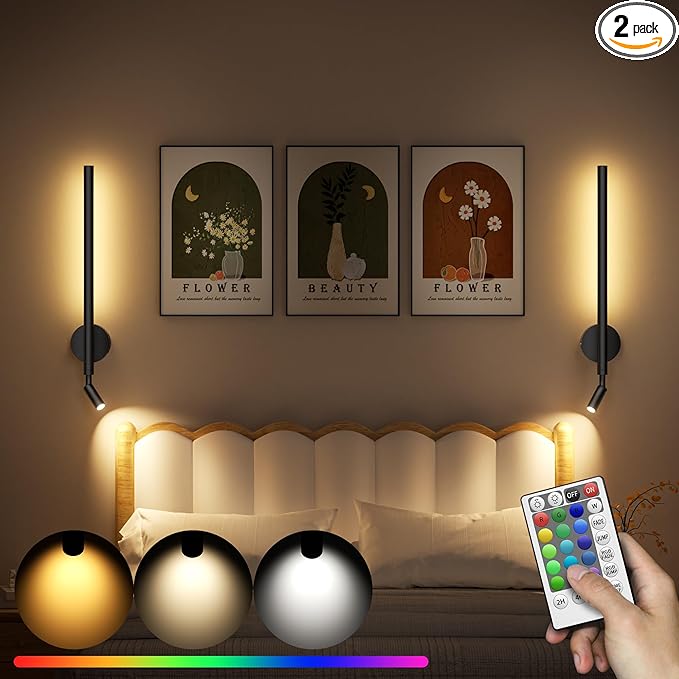 Battery Operated Wall Sconce Set of 2 with Reading Spotlights, RGB Rechargeable LED Wall Lights with Remote, Black Wireless Indoor Modern Decor Lighting for Living Room Bedroom Bathroom