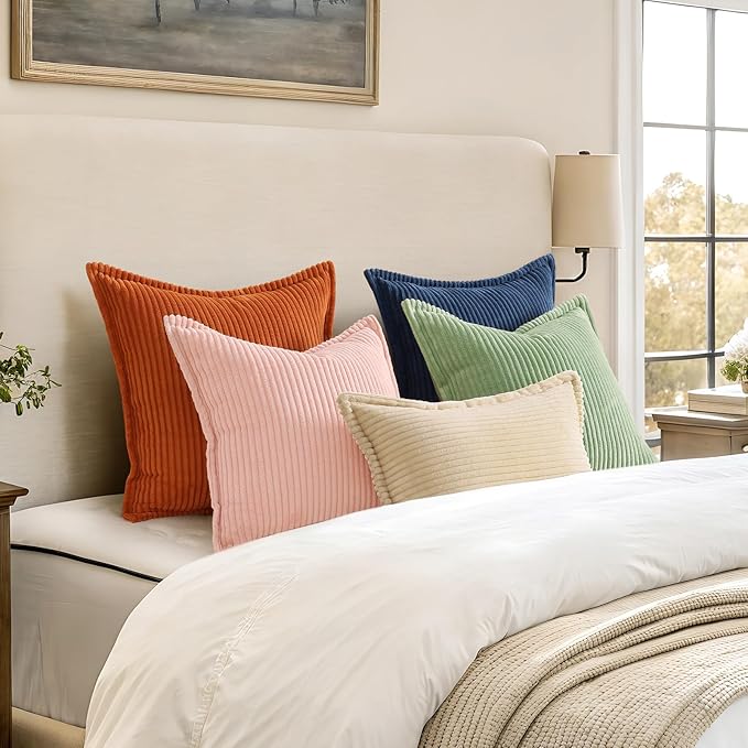 decorUhome Corduroy Pink Throw Pillow Covers 12x20 Set of 2 Decorative Soft Boho Striped Lumbar Neutral Euro Farmhouse Couch Pillow Covers with Broadside for Living Room Bed Sofa