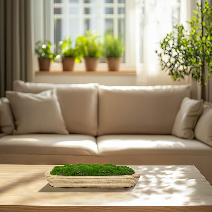 NAHARO Moss Wood Bowl,Natural Oblong Decorative Dough Bowl, Artificial Moss Centerpiece for Wedding Table Centerpiece, Home Decoration, Living Room, Office, No Maintenance