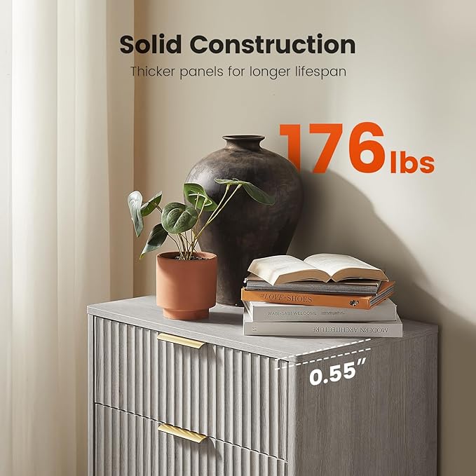 Amada Tall 5 Drawer Dresser, Modern Fluted Vertical Chest with Rounded Corners, Pre-Installed Drawer Slides & Narrow Storage Design for Bedroom or Hallway in Grey