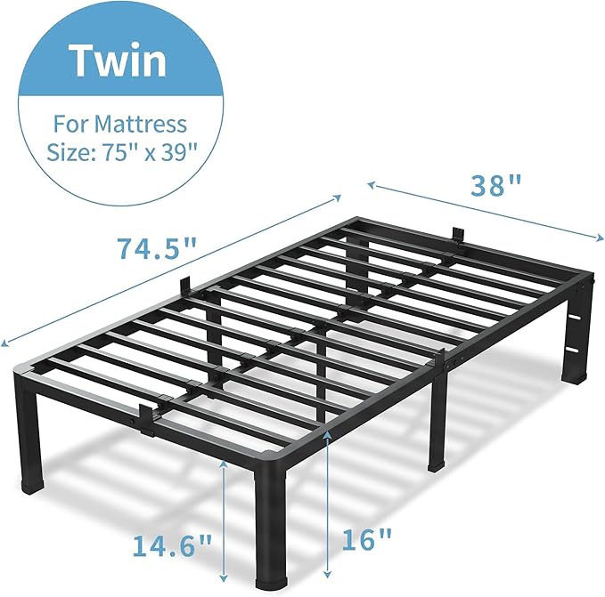 16 Inch Twin Size Bed Frame, 3500Lbs Heavy Duty Metal Platform with Round Corner Legs Mattress Slide Stopper, Steel Slat Support No Box Spring Needed, Noise Free, Non-Slip, Easy Assembly