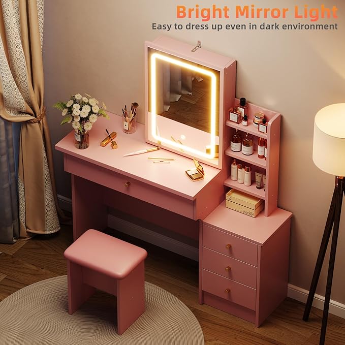 Vanity Desk with Mirror and Lights, Makeup Vanity with 3 Adjustable Lighting Modes, Small Vanity Desk with Sliding Mirror, 4 Drawers, 7 Shelves, Vanity Chair for Bedroom, Pink