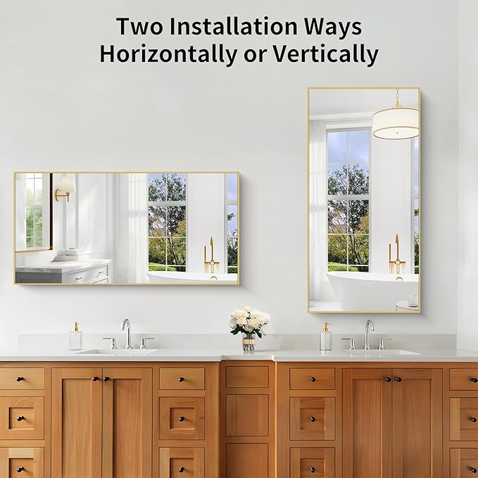 KOCUUY 24x48 Inch Large Gold Wall Mounted Mirror,Aluminum Framed Decorative Rectangular Bathroom Mirror for Wall Over Sink,Vanity Mirror for Bedroom Living Room Bathroom,Functional Oversized Mirror