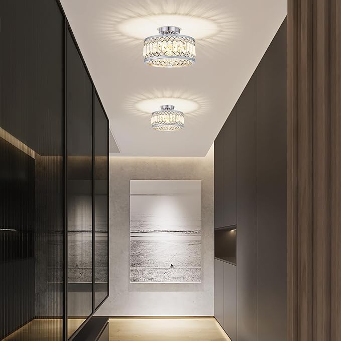 Crystal Chrome Ceiling Light, Modern Semi Flush Mount Ceiling Lighting Fixture, Round Hallway Lighting Fixtures for Entryway Kitchen Bedroom Laundry Room, 1-Light, 11.4 Inch
