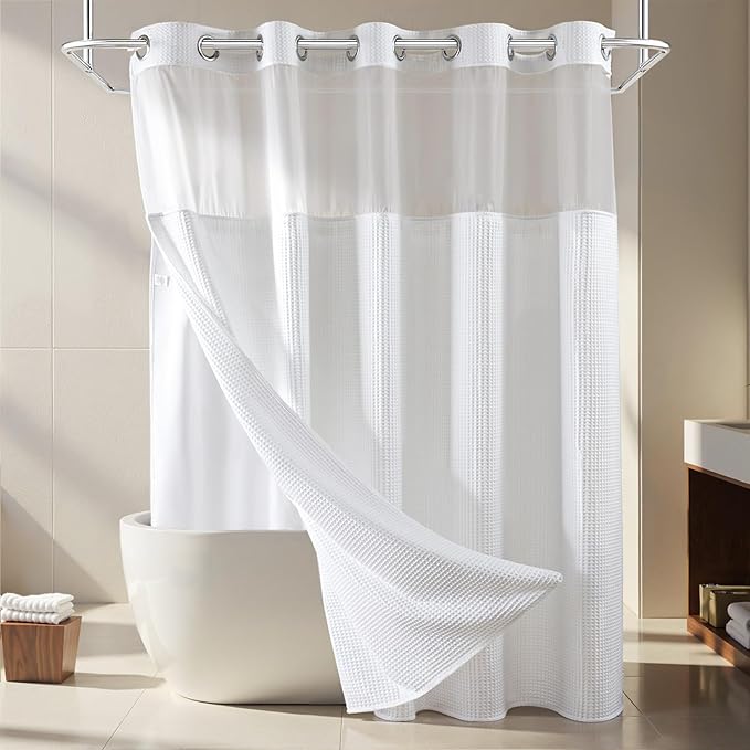 River Dream Extra Long Shower Curtain Set, Cotton Blend, Waffle Weave, with Snap in Replacement Liner, White, 71 x 86 inches