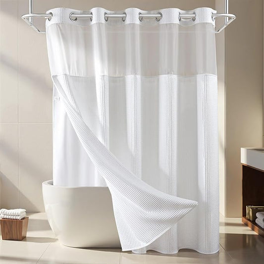 River Dream Extra Long Shower Curtain Set, Cotton Blend, Waffle Weave, with Snap in Replacement Liner, White, 71 x 86 inches