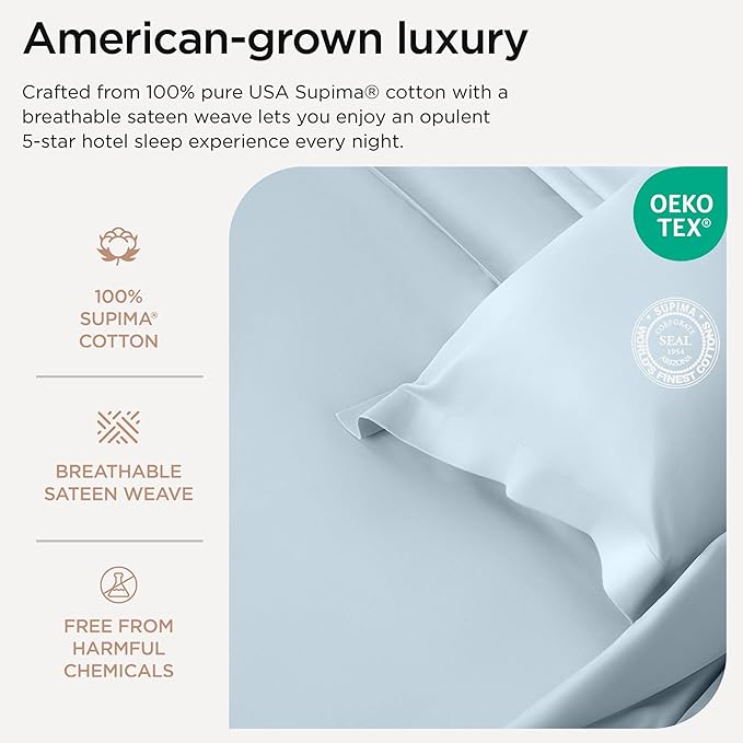 Threadmill Supima King Size Sheets, 1000 Thread Count, 4 Piece American Luxury Bed Sheets for King Mattress, 5 Star Hotel Quality Cotton Sheets with Elasticized Extra Deep Pocket, Light Blue
