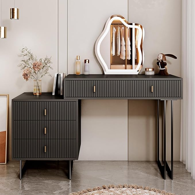 Black Vanity Desk with Mirror and Lights,Small Makeup Vanity with 5 Drawers, Modem Makeup Table with Adjustable Cabinet for Bedroom,Makeup Room