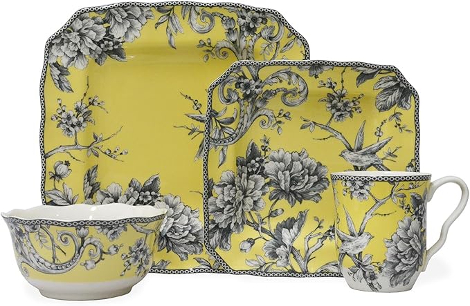 222 Fifth Adelaide 16-Piece Square Floral Dinnerware Set – Service for 4,Yellow Porcelain Plates & Bowls, for Everyday Dining & Entertainment, Microwave & Dishwasher Safe, Chip Resistant