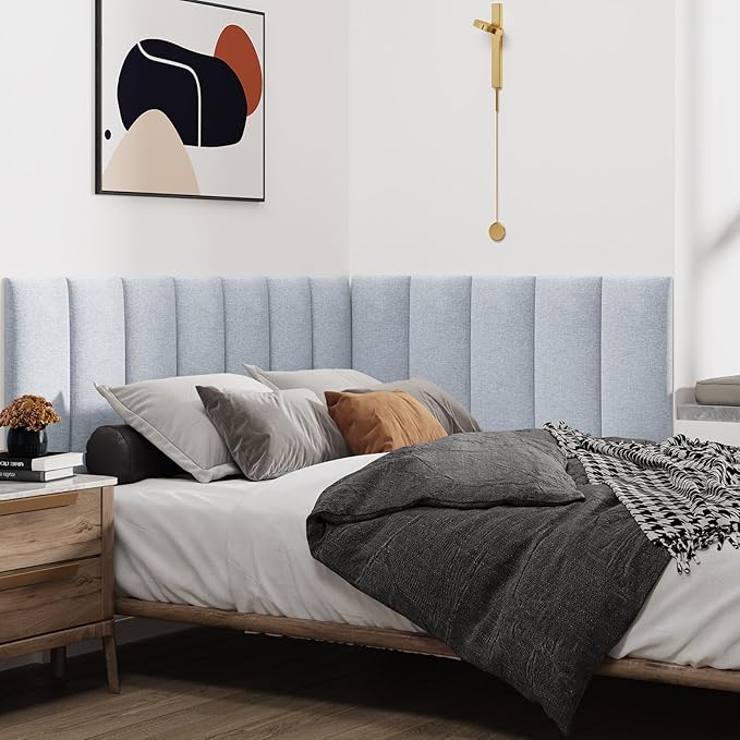 IFNOW Upholstered Wall Mounted Headboard, 3D Soundproof Wall Panels Peel and Stick for Queen Size, Reusable and Removable Tufted Bed Headboard in Blue White (9 Panels, 10" x 24")