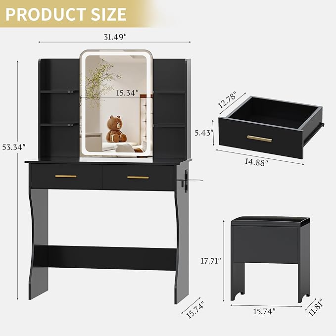 Vanity Desk with LED Lights Mirror & Power Outlet, Small Makeup Vanity Table Set with Storage Drawers & Chair, 3 Lighting Modes & Adjustable Brightness, Dressing Table for Women Girls Bedroom, Black