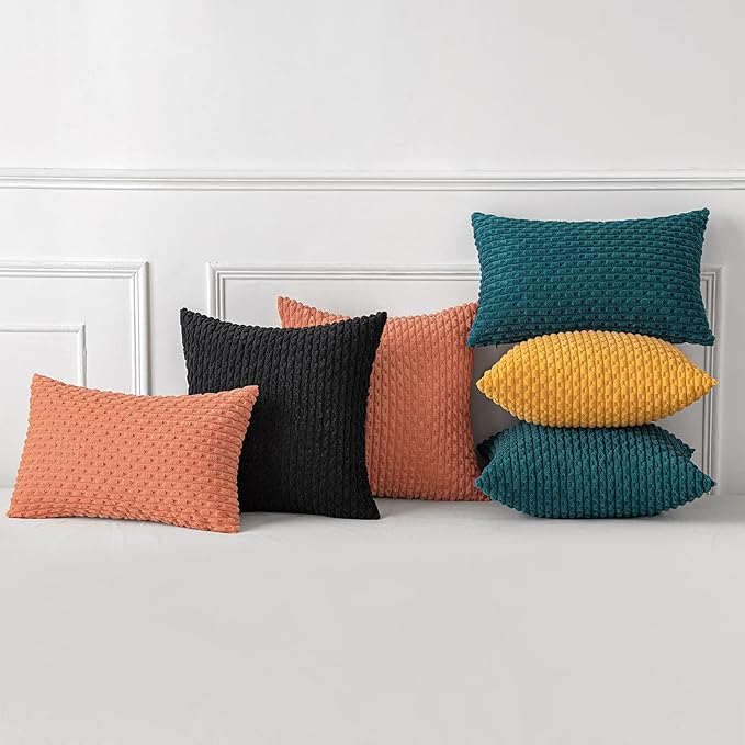 MIULEE Throw Pillow Covers Soft Corduroy Decorative Set of 2 Boho Striped Pillow Covers Pillowcases Farmhouse Home Decor for Couch Bed Sofa Living Room 12x20 Inch Teal Blue