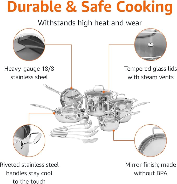 Amazon Basics Stainless Steel Cookware 15-Piece Set, Oven Safe, Pots and Pans, Induction-Ready, Even Heating, Easy to Clean, Heavy Duty, Silver