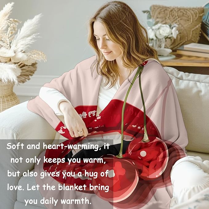 Cherry Lips Flannel Blanket, Pop Art Cherry Gifts, Cherry Blanket for Women, Soft Lightweight Throw Blankets for Bed Home Travel Decor 50" x 60"