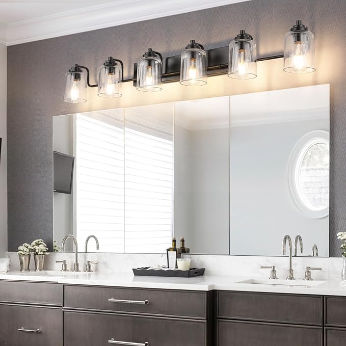 SOLFART 6 Lights Vanity Lights for Mirror Black Bathroom Light Fixtures Black Vanity Light Bathroom Light Fixtures Wall Mount 50 Inch
