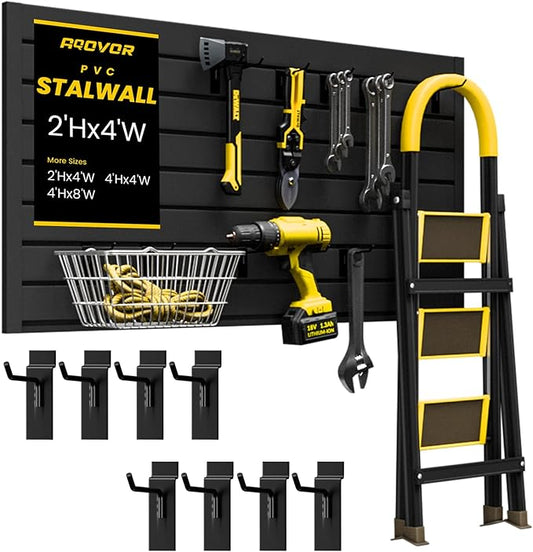 Slat Wall Paneling 4x2 FT, PVC Slat Wall Panels Heavy-Duty Garage Organization System with Hooks & Accessories, Slatwall Pegboard Suitable for Home、Garage、Shop Display & Organization (Black)