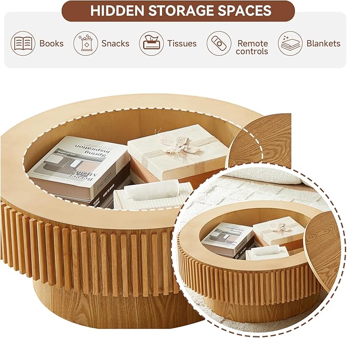 Round Coffee Table for Living Room,Fluted Drum Accent Tea Center Table with Storage,Circle Modern Coffee Tables for Small Space Office Apartment (31.5" L×31.5''W×14''H-Natural)