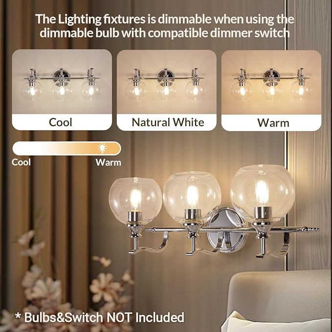 ANDY STAR Chrome Vanity Light, 3-Light Polished Silver Bathroom Light Fixture Over Mirror, Modern Wall Sconce with Clear Glass Shade, Industrial Wall Lighting for Living Room, Bedroom, Hallway, 22.3"