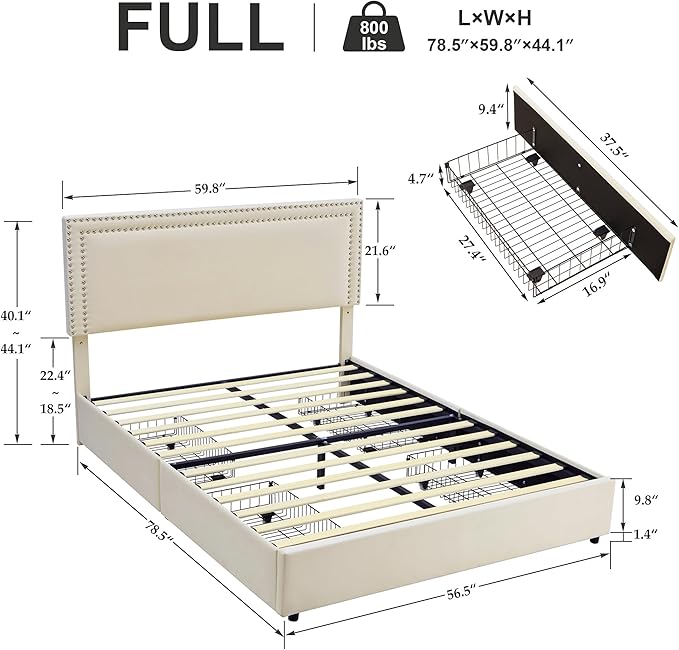 VECELO Full Size Upholstered Platform Bed Frame with 4 Storage Drawers, Adjustable Velvet Headboard Nailhead, Wooden Slats Support, No Box Spring Needed, Easy Assembly