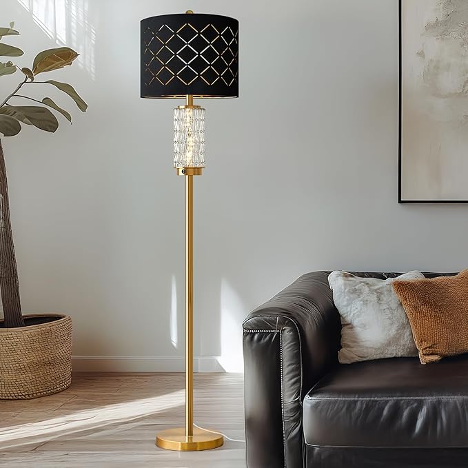Oneach 63.75" Floor Lamp for Living Room, Modern Gold Lamp with LED Glass Night Light, Vintage Standing Lamp with Black Drum Lampshade, Unique Luxury Tall Lamp for Bedroom Home Office(Bulb Included)