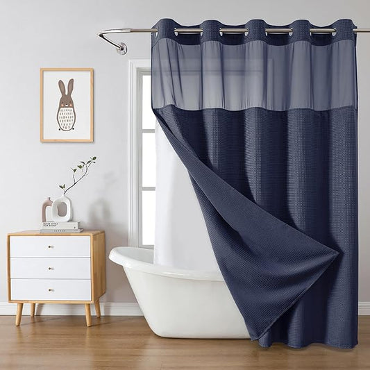 Navy No Hook Waffle Weave Shower Curtain with snap-in Liner Replacement, 230GSM Waterproof Fabric Hotel Shower Curtain Set for Bathroom, Through Mesh Top Window,71Wx74H