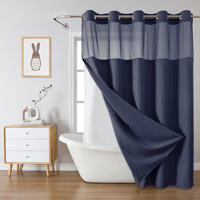 Navy Extra Long No Hook Waffle Weave Shower Curtain with snap-in Liner Replacement, 230GSM Waterproof Fabric Hotel Shower Curtain Set for Bathroom, Through Mesh Top Window,71Wx86H