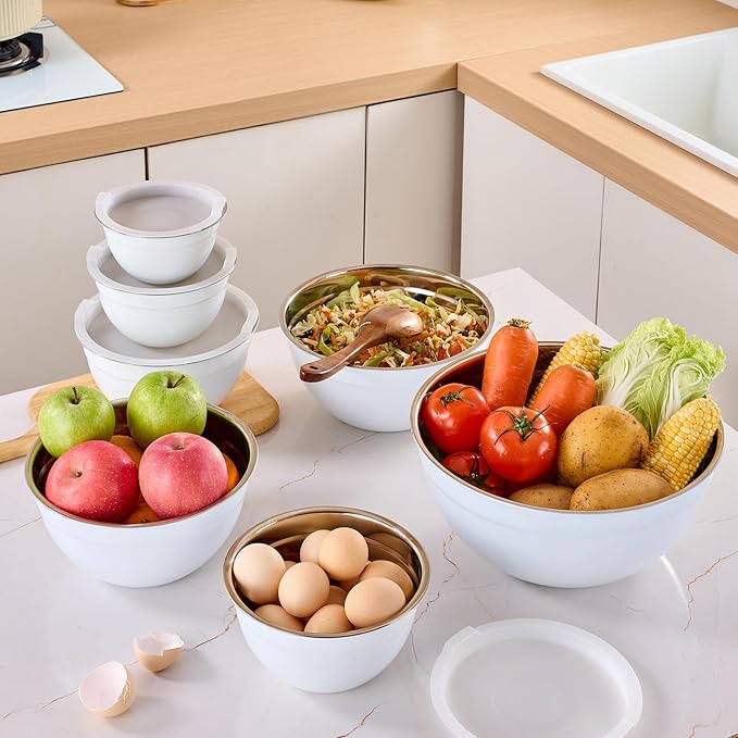 White Mixing Bowls with Airtight Lids, Stainless Steel Nesting Mixing Bowls Set of 7, Ideal for Baking, Prepping and Serving Food, Size 7, 3.6, 2.7, 2.1, 1.5, 1.1,0.8 QT, Stackable Design
