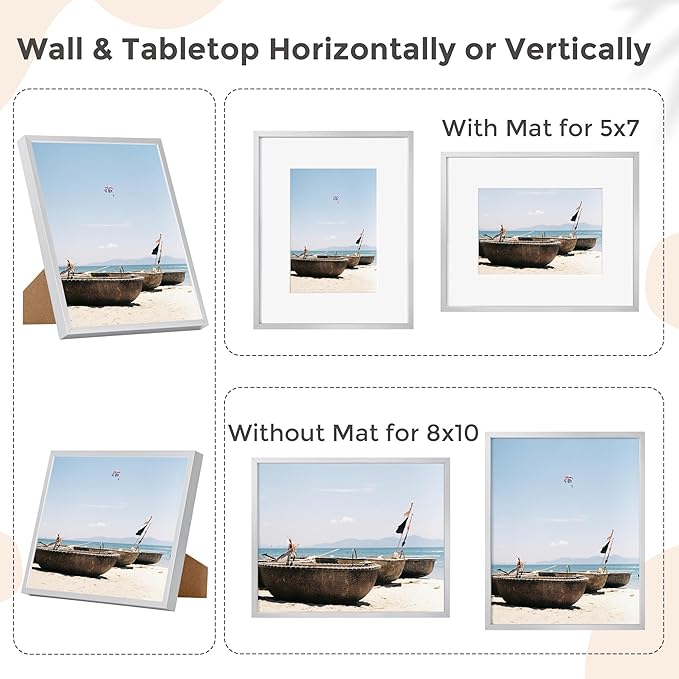 8x10 Picture Frame - Metal Frame With Mat 5x7 | 8 x 10 Aluminum Photo Frame | Plexiglass And Hanging Hardware Included | Black 8x10 Picture Frame | Silver