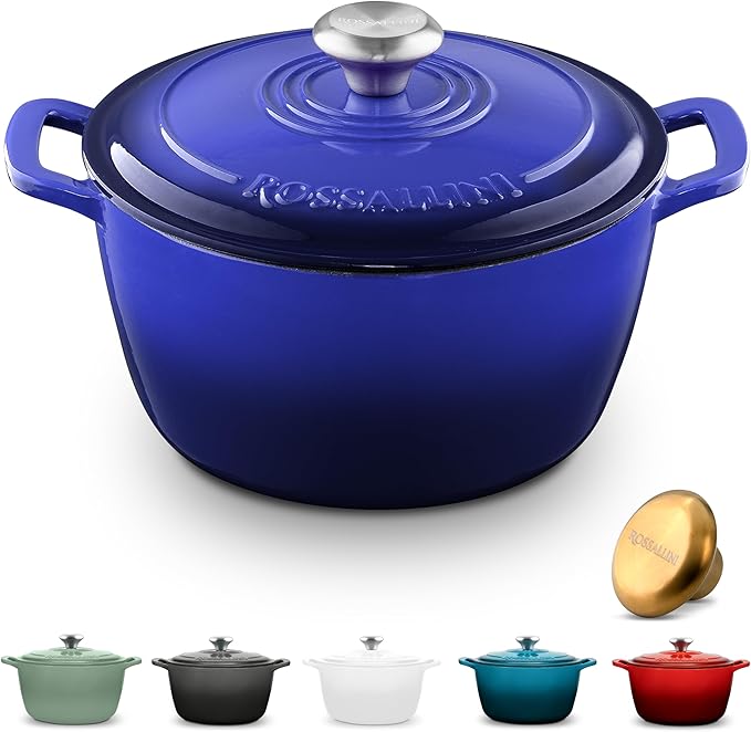 Signature Enameled Cast Iron Dutch Oven, Non-Stick Serving Pot with Tight Fitting Lid for Perfect Roasting, Baking, Sauteing, and Bread Making | 5.5Q (5.2L) - Indigo Blue