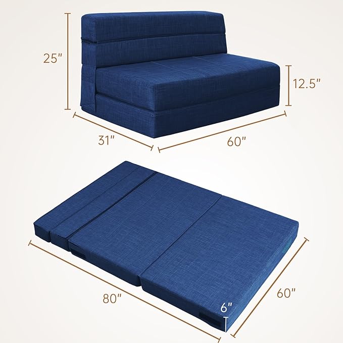 60 Inch Folding Sofa Couch Memory Foam with Pillow Convertible Sleeper Mattress Futon Lazy for Living Room，Washable Cover，Queen Size，Dark Blue
