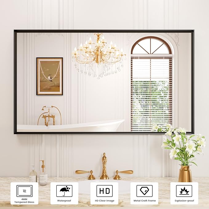 50x30 Inch Black Bthroom Mirror, Black Metal Frame Vanity Mirror for Wall, Square Corner, Rectangle, Tempered Glass, Anti-Rust (Horizontal/Vertical), Bedroom, Living Room, Entryway