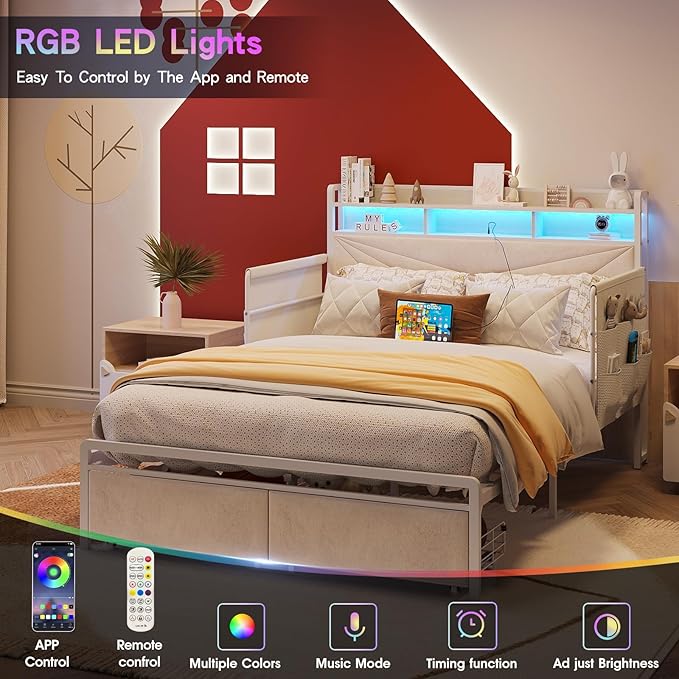 Maupvit Full Bed Frame with Storage Headboard and Drawer,Upholstered Platform Bed Frame with LED Lights & Charging Station,Full Size Bed with Guardrail,No Box Spring Needed,Beige