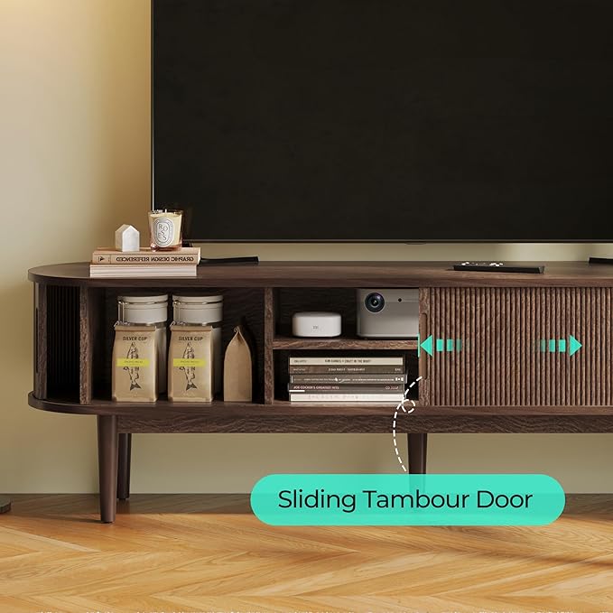 LINSY HOME Fluted TV Stand for 75" TV, Mid-Century Modern 70" Entertainment Center with Sliding Tambour Door and Storage Cabinet, Cruved TV Media Console Table for Living Room, Bedroom, Walnut