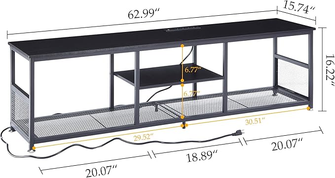 VECELO TV Stand with Power Outlets for Televisions up to 75Inch, 62" Media Entertainment Center with Charging Station 3-Tier Open Storage Shelves with Metal Frame for Living Room/Bedroom，Black