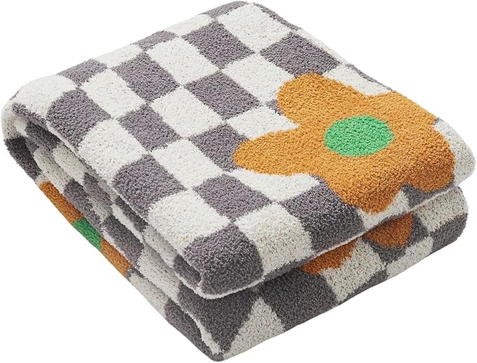 YIRUIO Checkered Throw Blankets Checkerboard Chessboard Warmer Comfort Super Soft Shaggy Cozy Decor for Home Bed Couch (Orange Floral, 51''x63'')