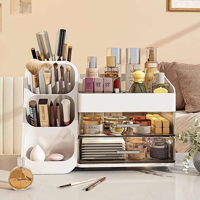 Makeup Organizer with Drawers,Large Capacity Countertop Organizer for Vanity,Bathroom and Bedroom Desk Cosmetics Organizer,Easy To Storage Skincare,Brushes, Eyeshadow, Lotions, Lipstick (White)